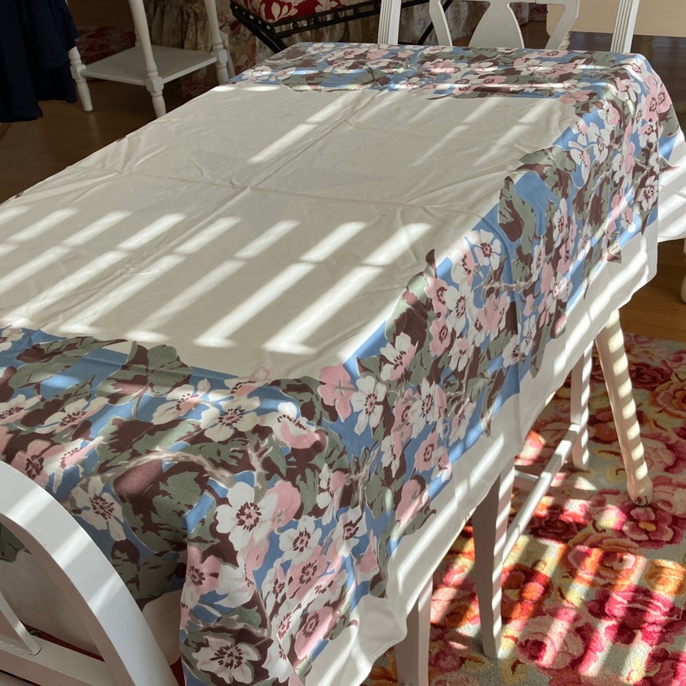Vintage Cotton Floral Border Tablecloth in Cream and Pastel Colored Flowers